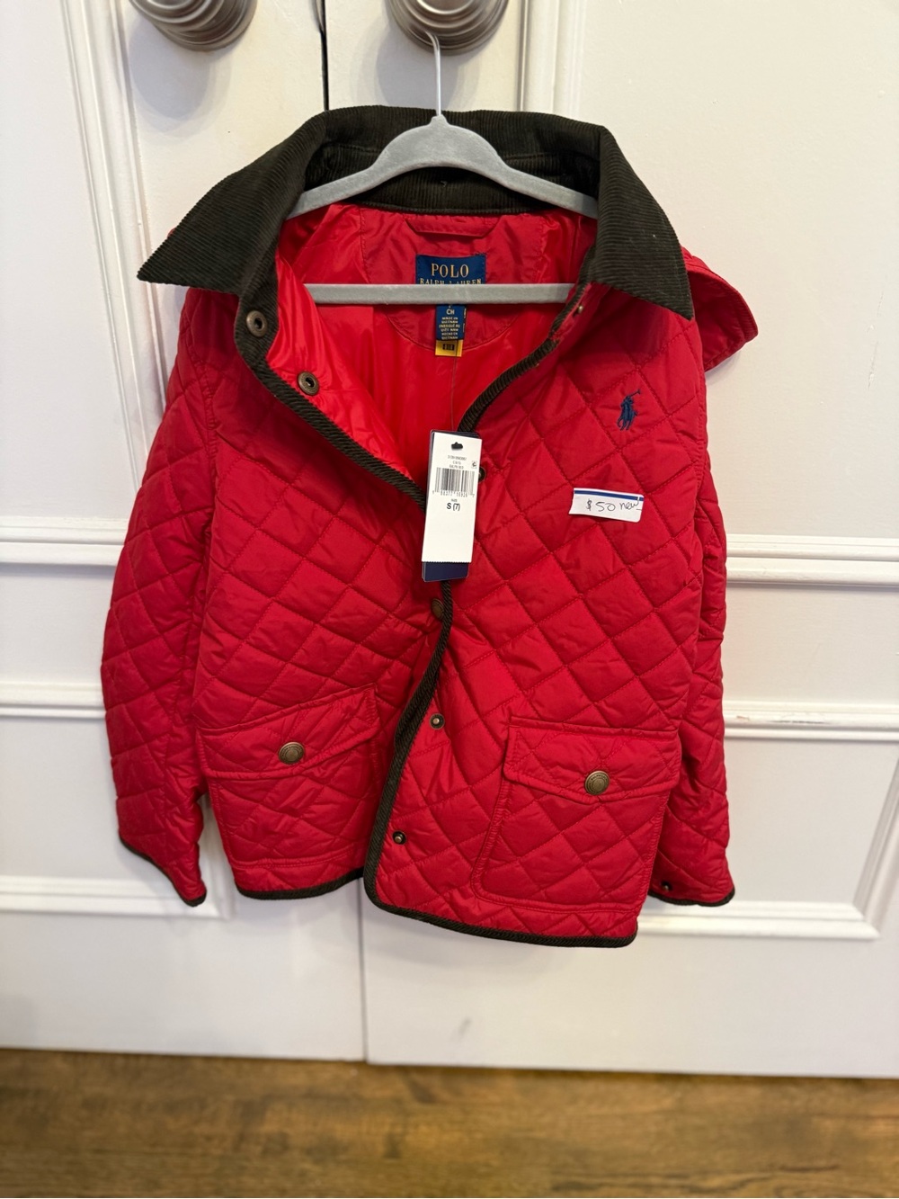 Polo by Ralph Lauren Kids Red Quilted Puffer Jacket with Corduroy Trim